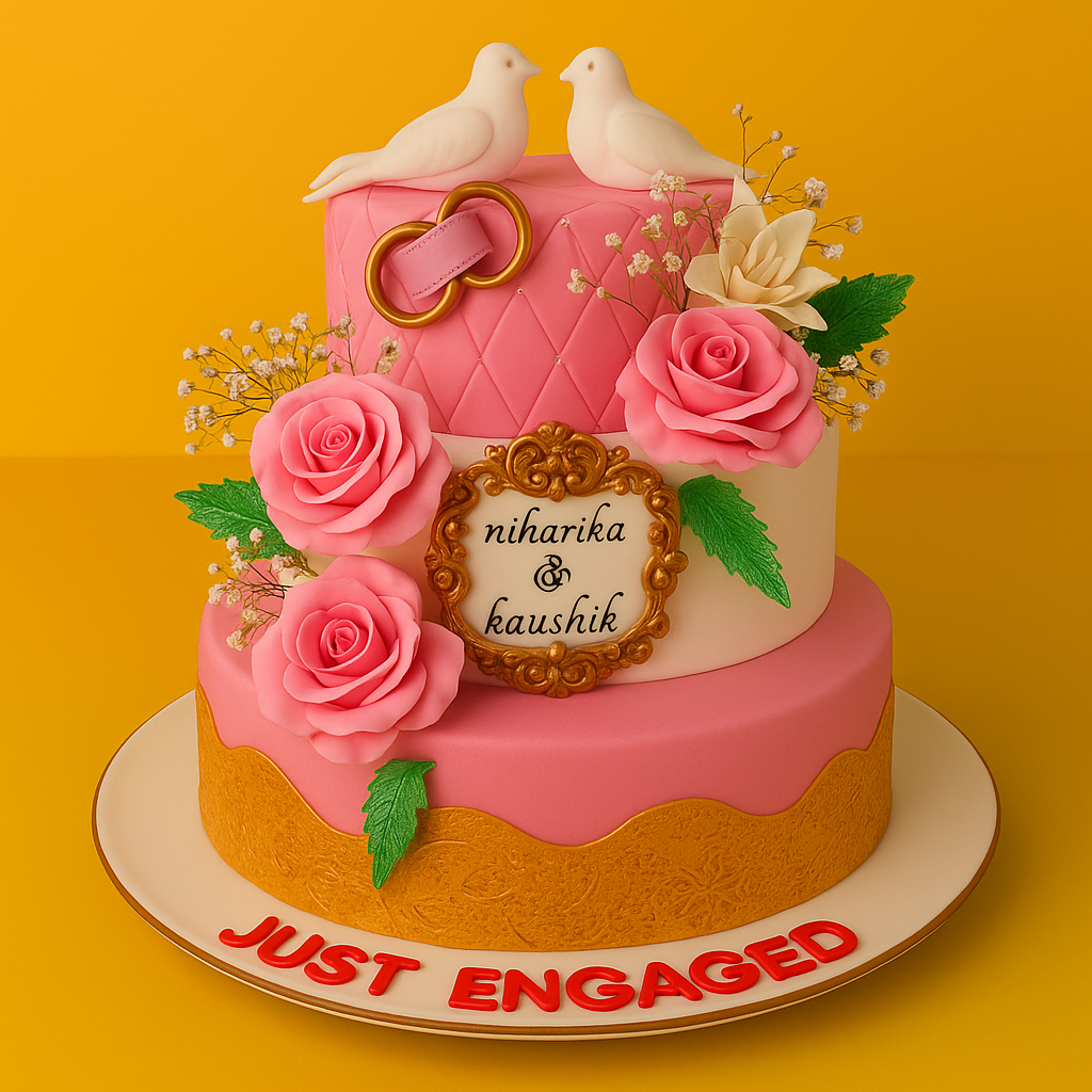 Elegant Engagement Cake with Roses & Doves