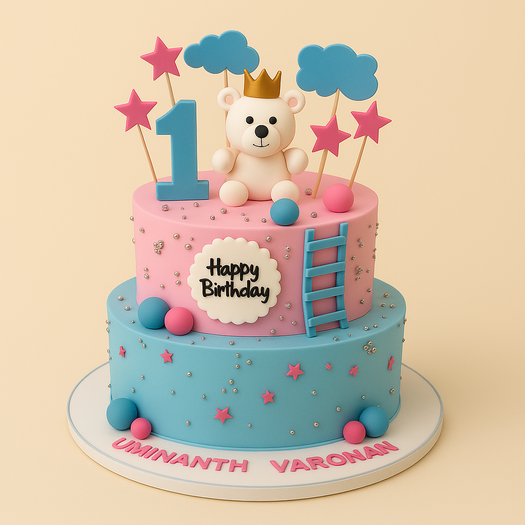 Royal Teddy 1st Birthday Fondant Cake