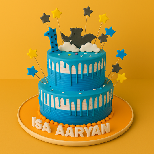 Blue Drip 1st Birthday Cake with Stars & Rhino Topper