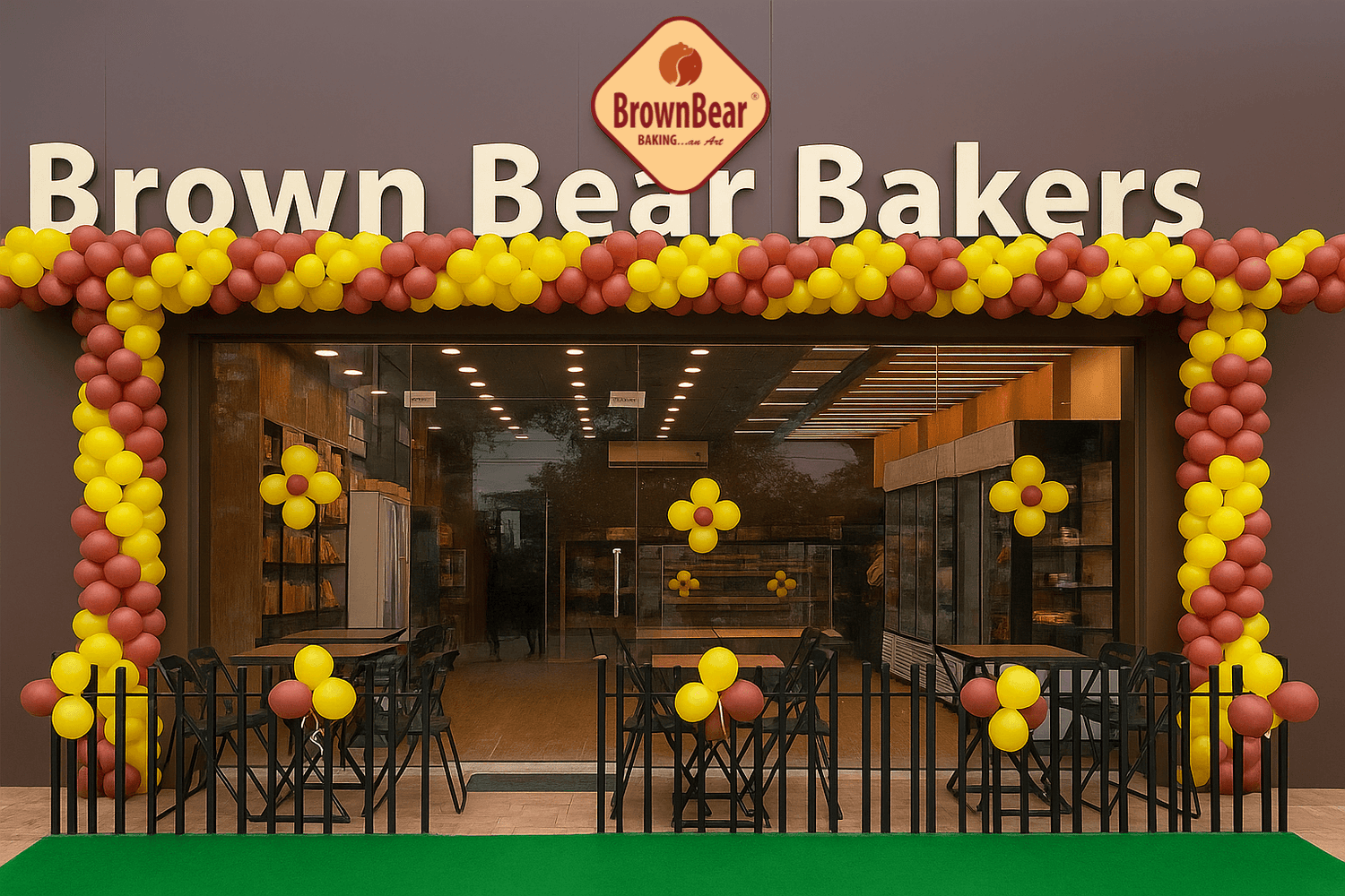 Brown Bear Bakers store front with decorative balloons and a sign.