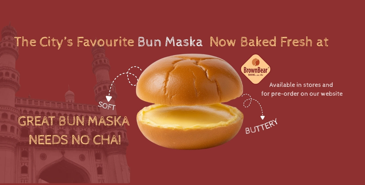 Promotional image of a bun with text about 'Bun Maska' on a red background.
