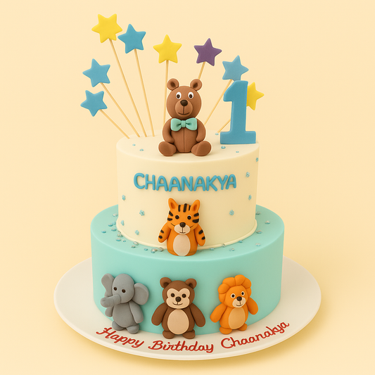Cute Animal Friends 1st Birthday Cake