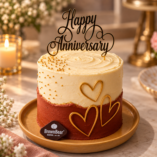 Romantic Red & White Anniversary Cake with Golden Hearts