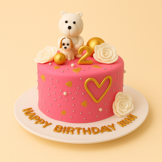 Pink Teddy & Puppy Birthday Cake